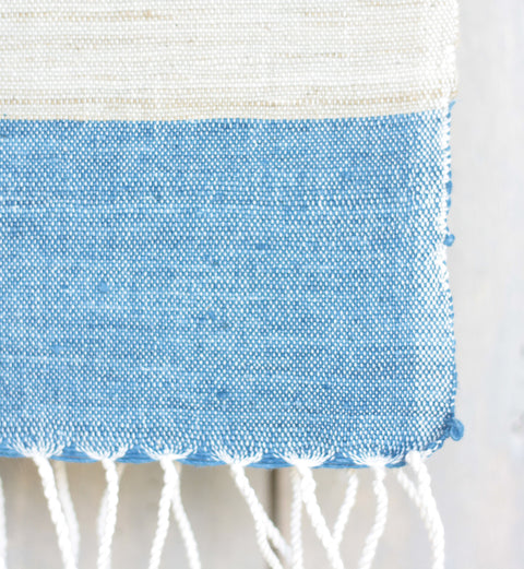 Hand-woven Guest or kitchen towel - Blue/light grey/dark grey and unbleached white
