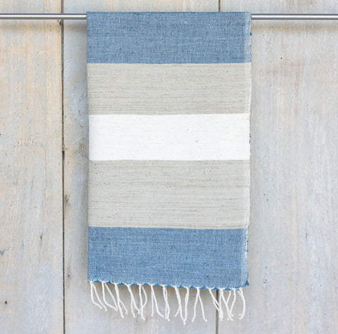 Hand-woven Guest or kitchen towel - Blue/light grey/dark grey and unbleached white