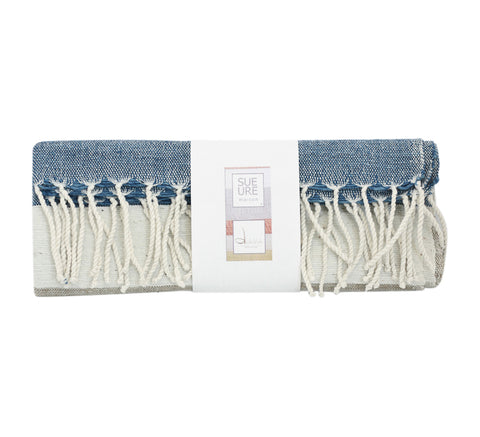 Hand-woven Guest or kitchen towel - Blue/light grey/dark grey and unbleached white